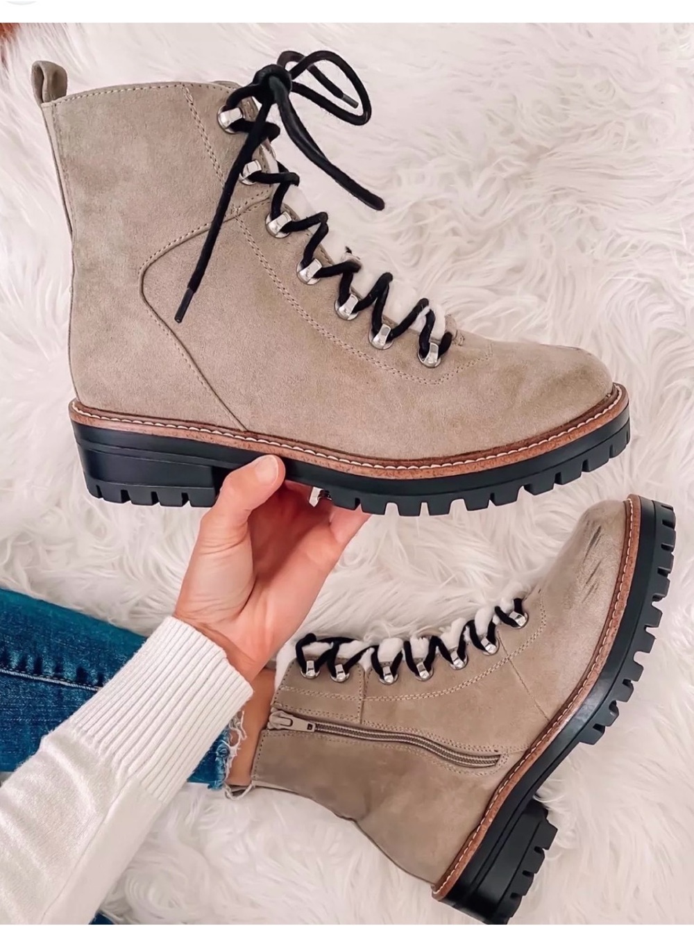 Marc Fisher Taupe Suede Lace-Up Lug Boots with Black Laces Size 7